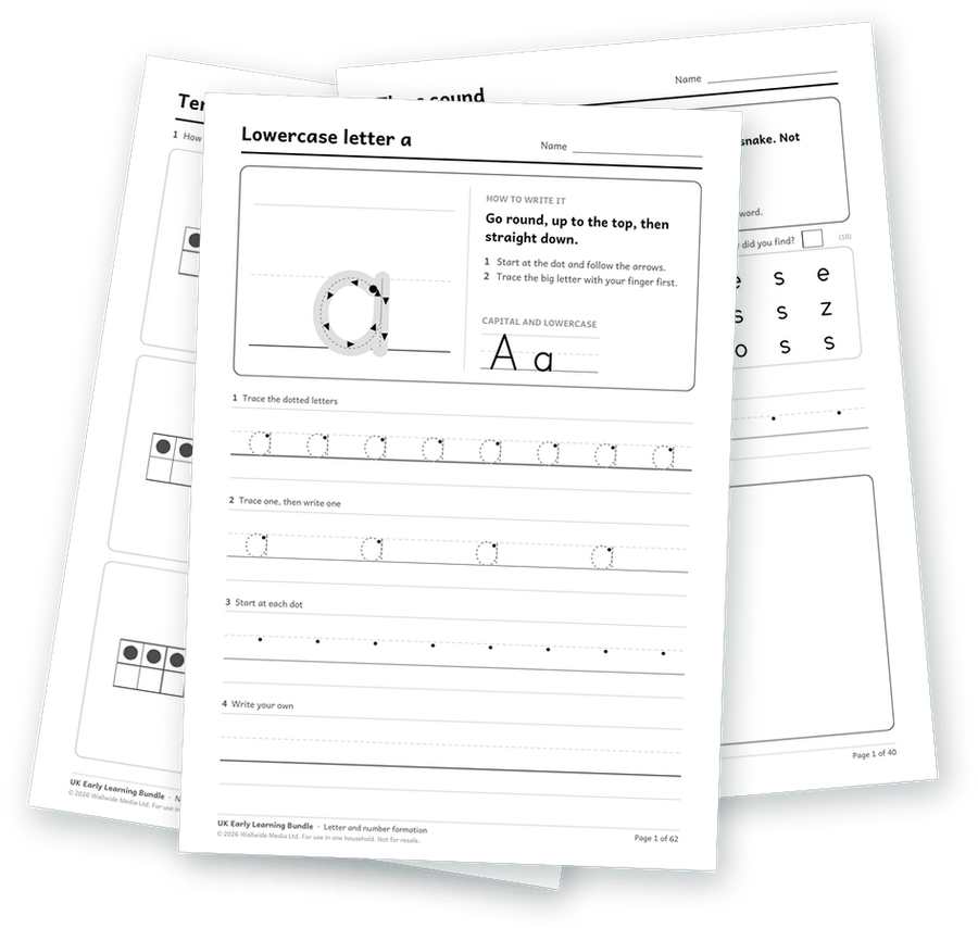 Three printed pages from the bundle: tracing the letter a, the s sound, and ten frames